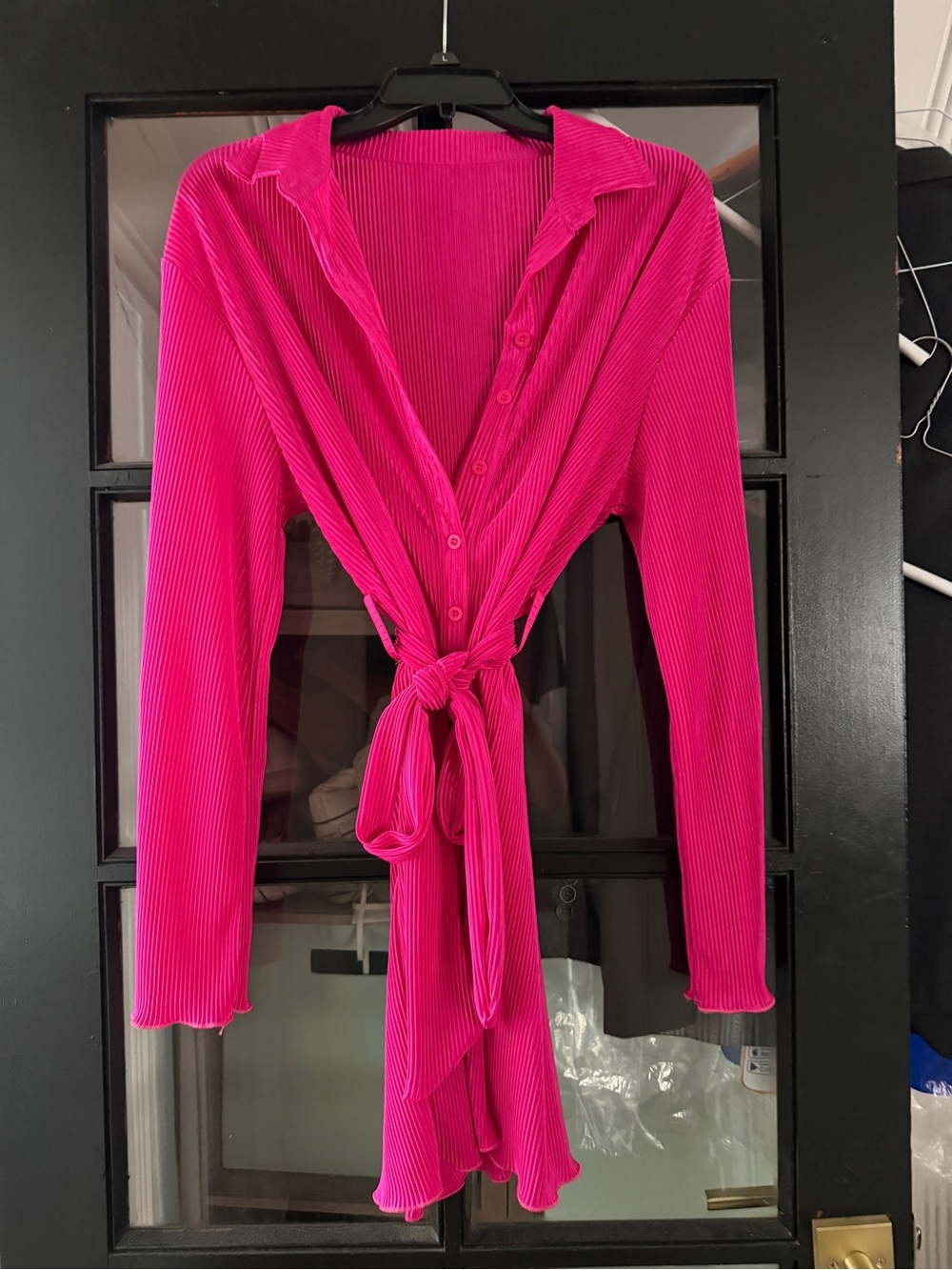 Hot Pink Ribbed Tie-Front Button Shirt